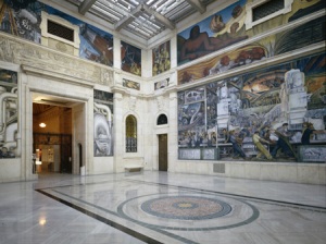 View of the DIA's Rivera court and Diego Rivera's Industry murals from 1932